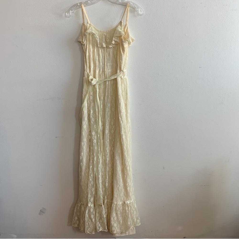 Vintage 1930s Gown Floral Lace Satin Silk Maxi Dress Ruffled Butter Yellow Cream - Picture 3 of 12